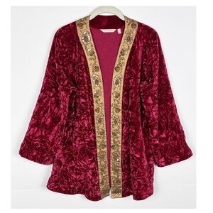 Soft Surroundings Misandei Cardigan Ruby Red Crushed Velvet Embellished Gold M